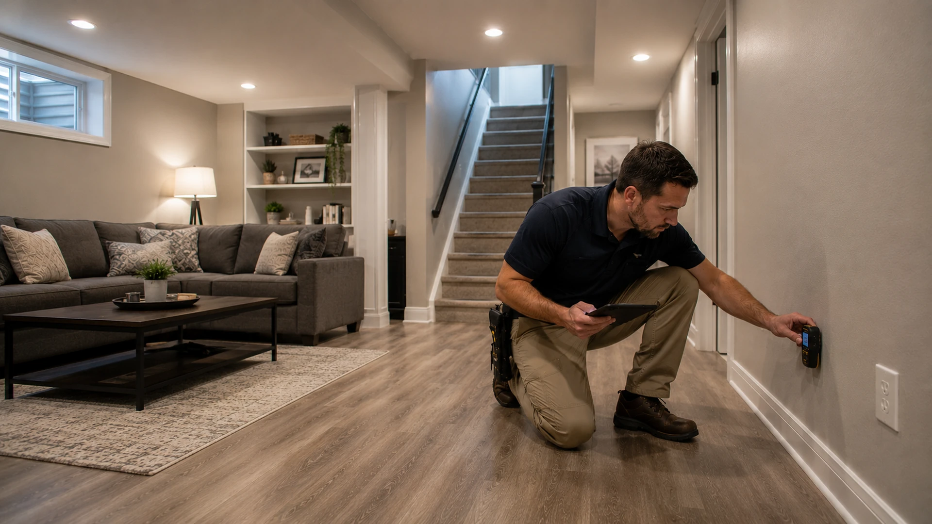 Home inspector examining a basement wall for moisture with a flashlight