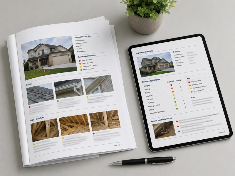 Printed home inspection report and a tablet showing a report summary