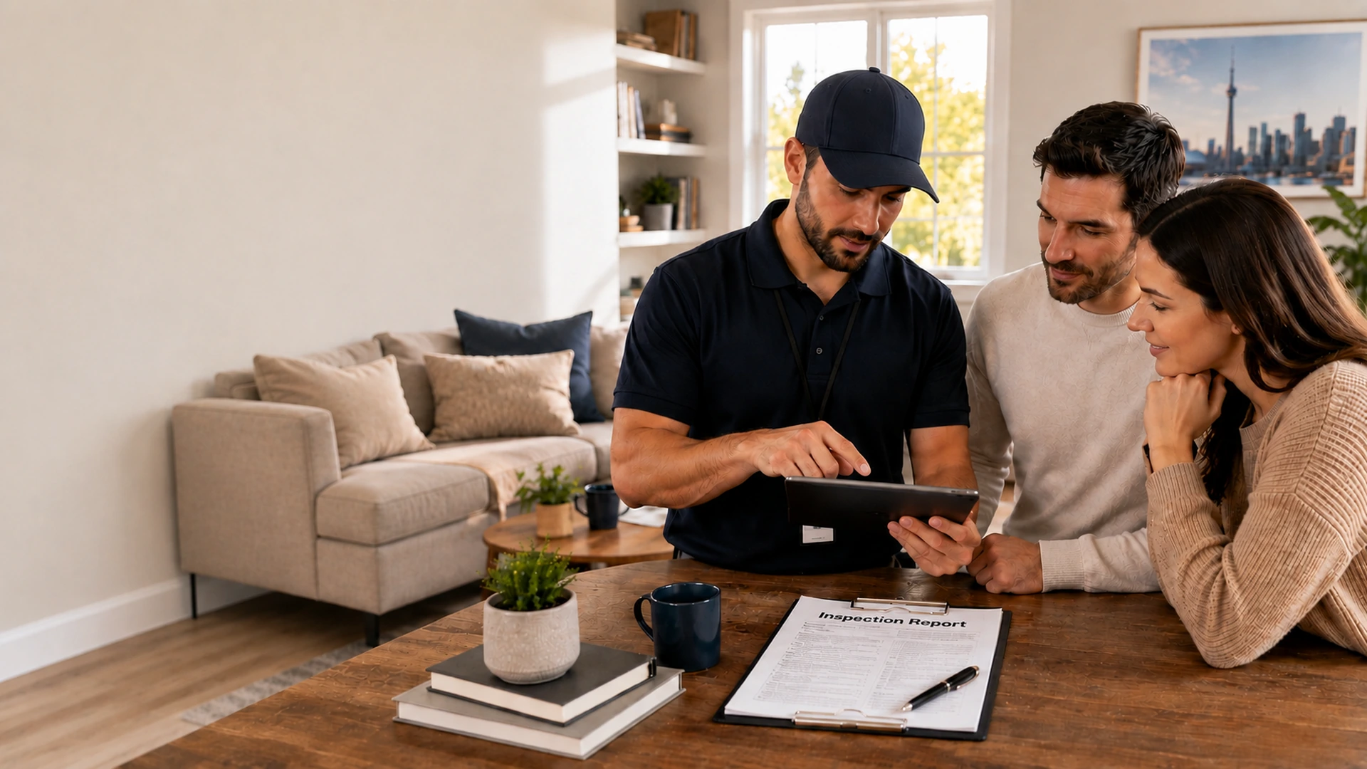 Home inspection report and reference documents laid out on a desk