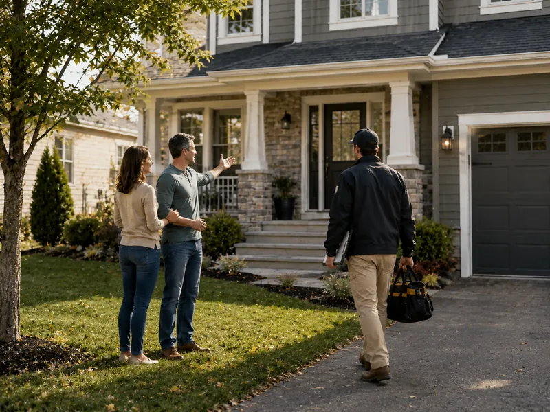 Watercolour illustration of a home inspector walking up to a front porch carrying a tool bag