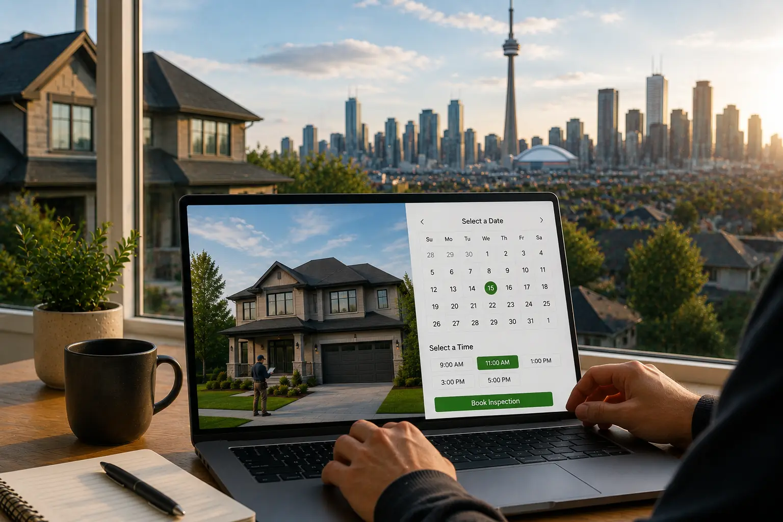 Person booking a home inspection online, with a calendar and a confirmed appointment on screen