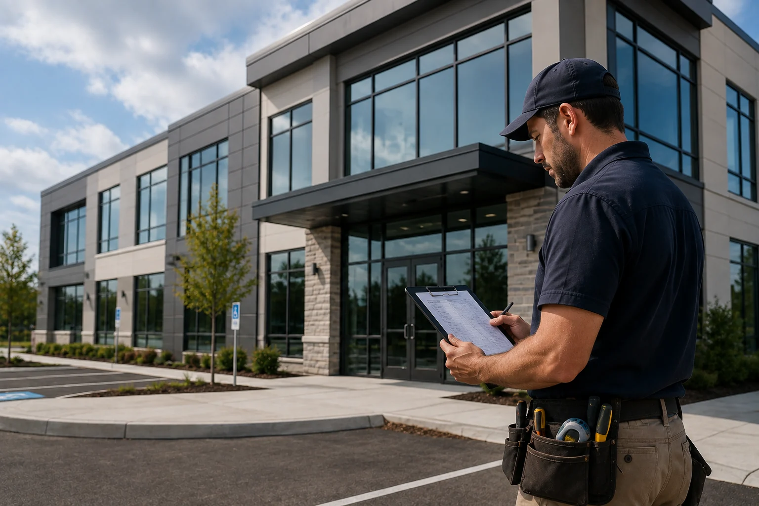 Home inspector with a clipboard and tool belt standing outside a two storey commercial office building with glass frontage
