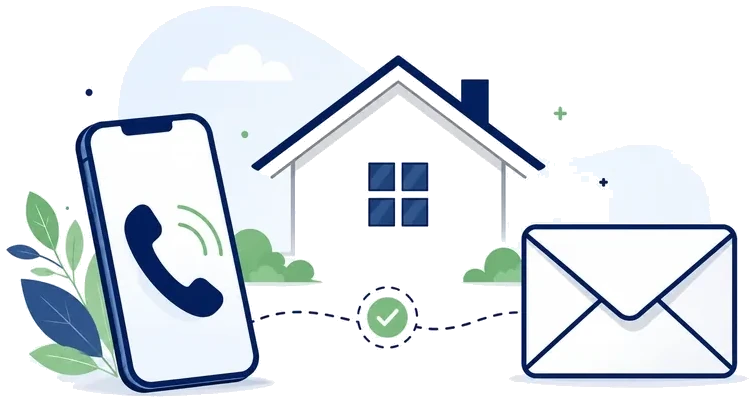 Line illustration of a telephone handset and an envelope either side of a house, connected by a dashed line
