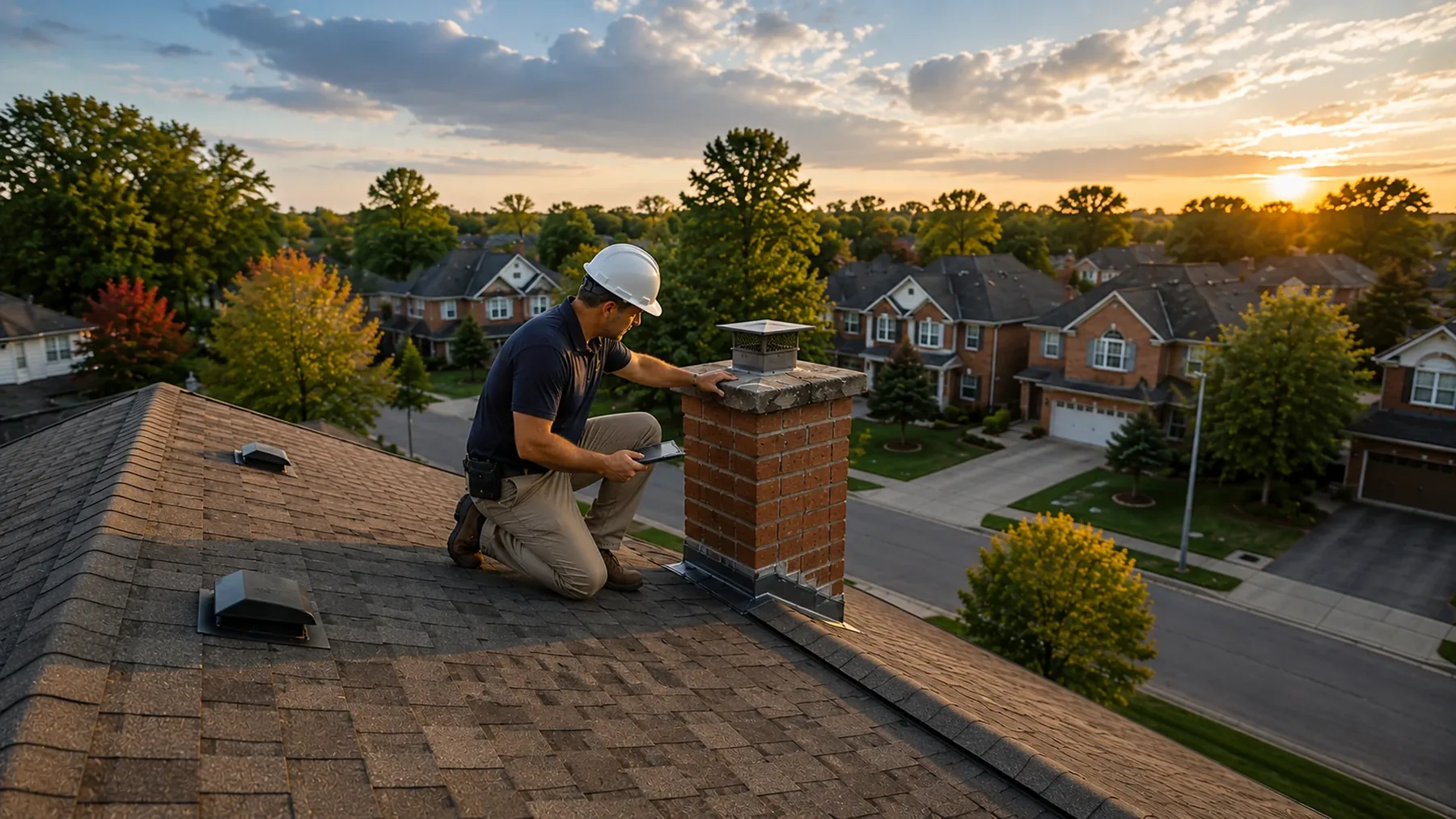 Home inspector on a suburban rooftop examining a chimney
