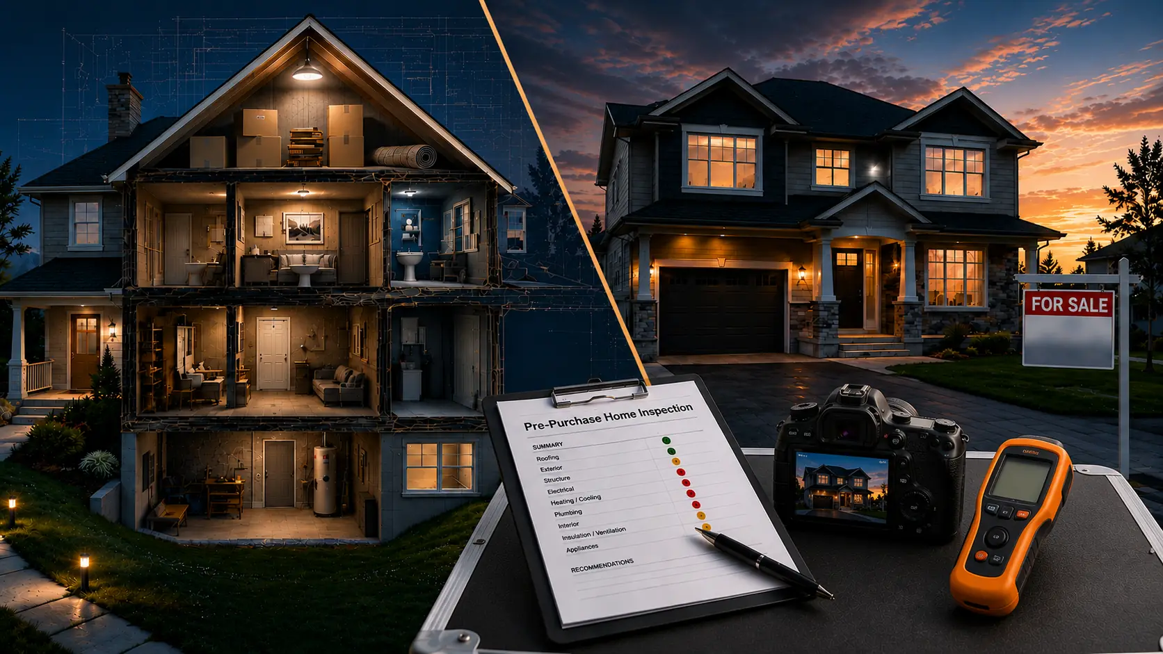 Split composite showing a cutaway house with its interior rooms and systems on one side and a for-sale home at dusk on the other, with a pre-purchase inspection report, camera and moisture meter in the foreground