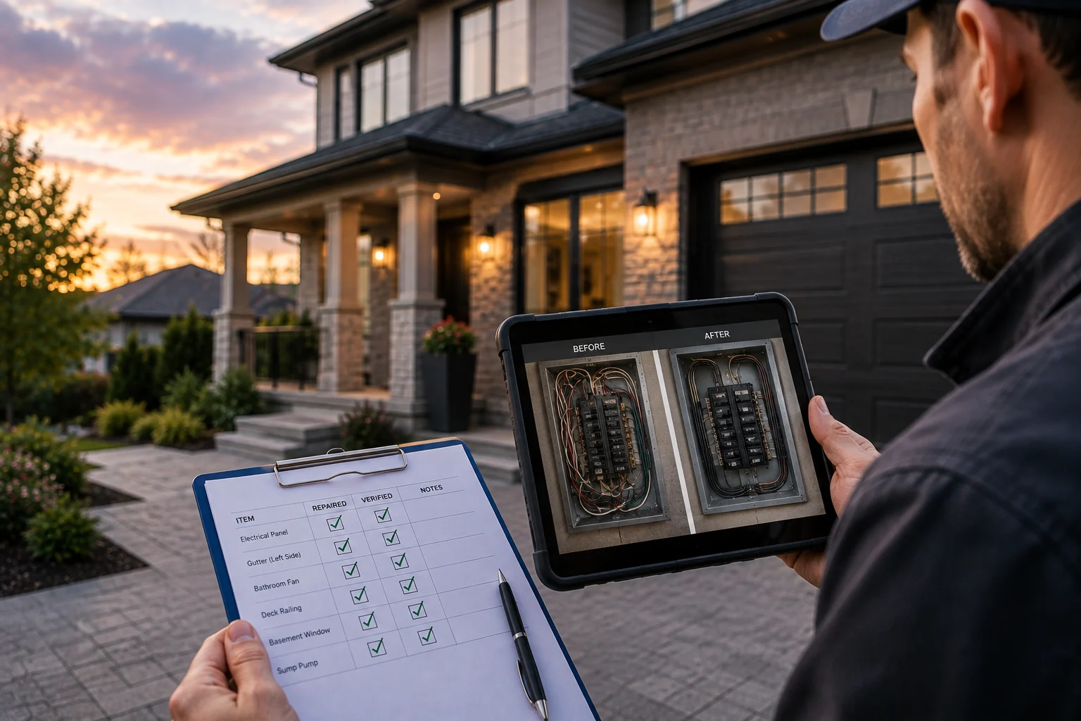 Home inspector outside a house at dusk holding a clipboard headed Repaired and Verified, and a tablet showing before and after photographs of an electrical panel