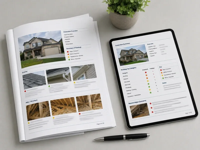 Printed home inspection report and a tablet showing a report summary