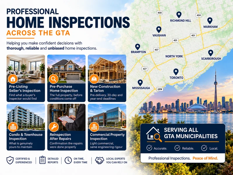 The six inspection services - pre-listing, pre-purchase, new construction and Tarion, condo and townhouse, reinspection and commercial - beside a map of the Greater Toronto Area marking coverage at Toronto, Mississauga, Brampton, Vaughan, Richmond Hill, Markham and Scarborough