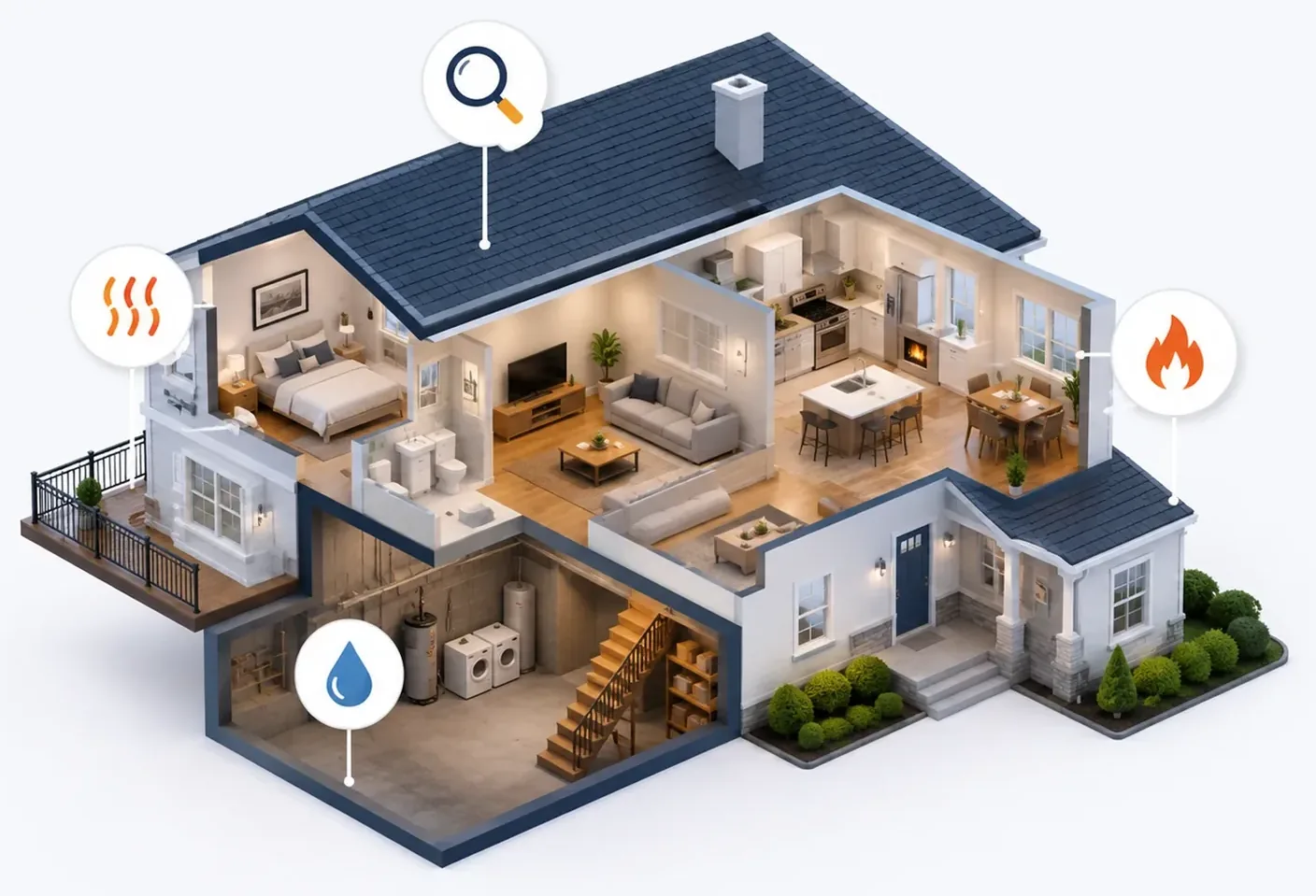 Isometric cutaway house showing inspection icons above the roof, windows, basement and fireplace